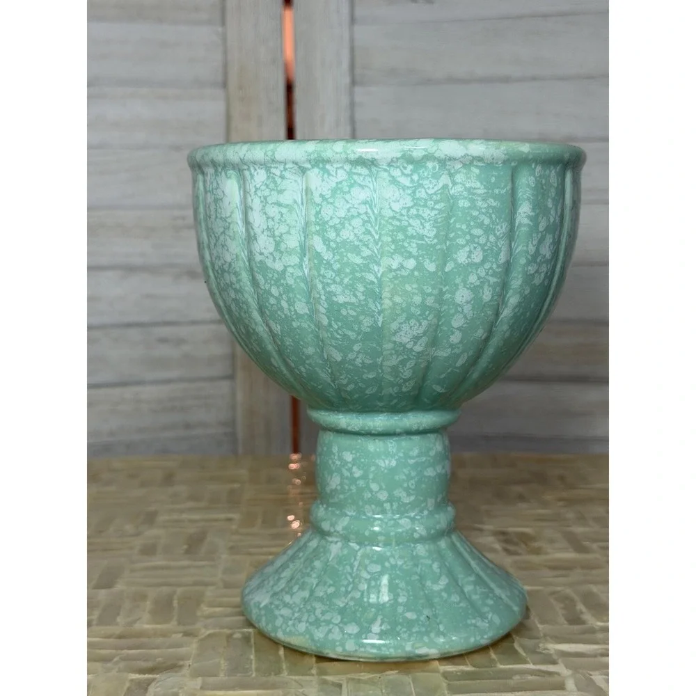 Vintage Midcentury Seafoam Ceramic Flower Frog Vase Pedestal Floral Arranger
